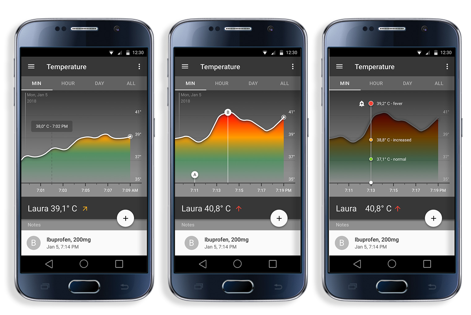 cosinuss_degree-SAT1-wie_genial-app_screenshots_WEB Bildschirmfotos der Smartphone App mit Temperaturanzeige des degree Thermometers