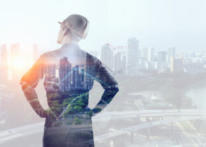 Ein Bauarbeiter auf einer Baustelle überprüft seinen Ermüdungswert und den PSI-Index.