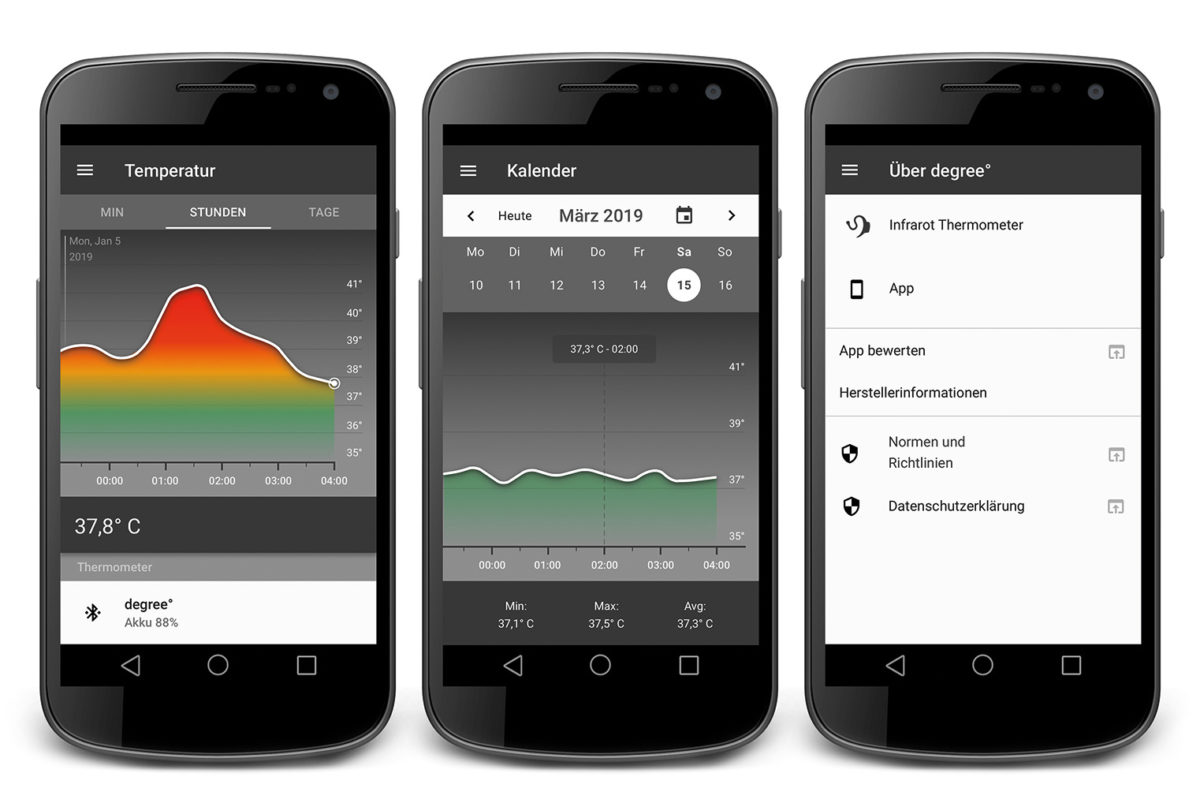 Degree App Screens-3er Set-Temperatur-website MockUps der Smartphone App mit Temperaturanzeige des degree Thermometers