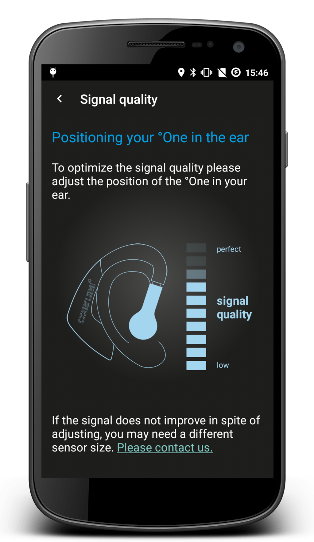 Cos_app_screenshots__0004_05_signal_quality Beobachte den richtigen Sitz und die Messung des Puls-Sensors im Ohr