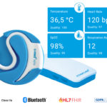 Components of the innovative remote monitoring of COVID-19 patients in need. Showing the key vital sign display enabled with an in-ear sensor and a mobile data gateway.