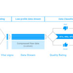 Graphic showing the processing from measured raw-data, to edge-computed vital signs and the data based quality rating of the measurements.