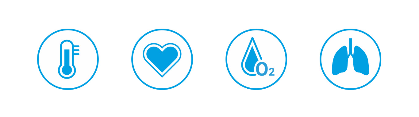 Symbols representing the vital signs of body temperature, heart rate, blood oxygen and respiration rate.