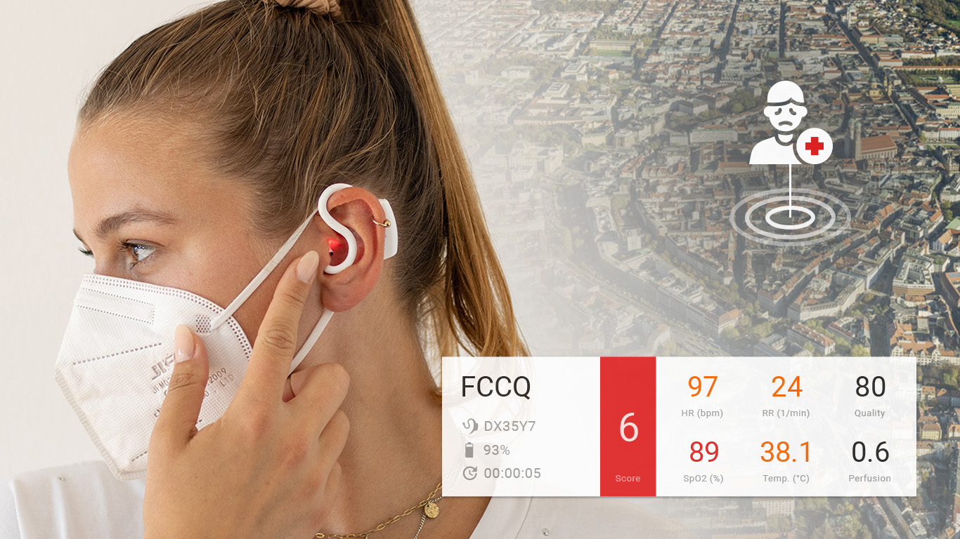 Vital signs of a patient located in the inner city of Munich is being monitored remotely with an in-ear sensor