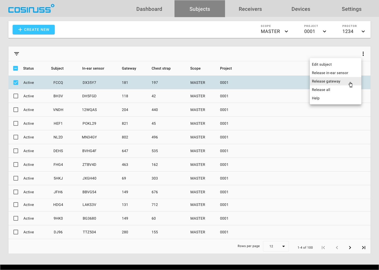 Cosinuss-Lab-Web-Interface-Subjects-1440×1024 List view of all subjects and their assigned in-ear sensors, gateways and other references.
