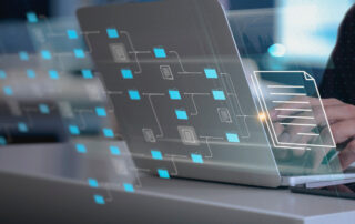 IT consultant being setup Virtual Document Management System (DMS) with laptop computer in office or wok from home.Software for archiving corporate files concept.