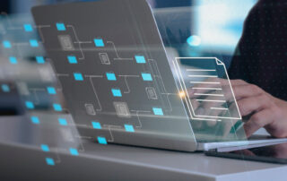 IT consultant being setup Virtual Document Management System (DMS) with laptop computer in office or wok from home.Software for archiving corporate files concept.