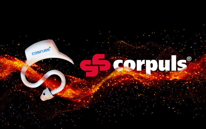 c-med° alpha mit corpuls logo auf rotem und schwarzen Hintergrund