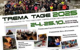 A large group of participants at the TREMA Days with lettering and information about the event in the foreground.